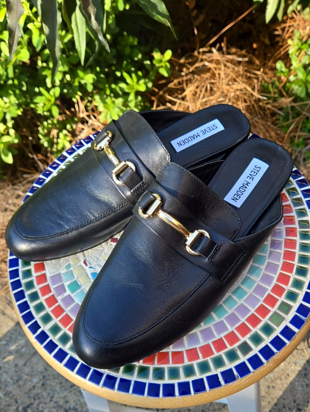 Steve Madden Black Leather Slip-On Mule with Gold Horsebit